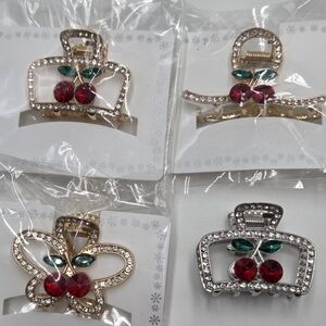 4 pcs Cherry Bling Out Hair Clips - Gold and Silver